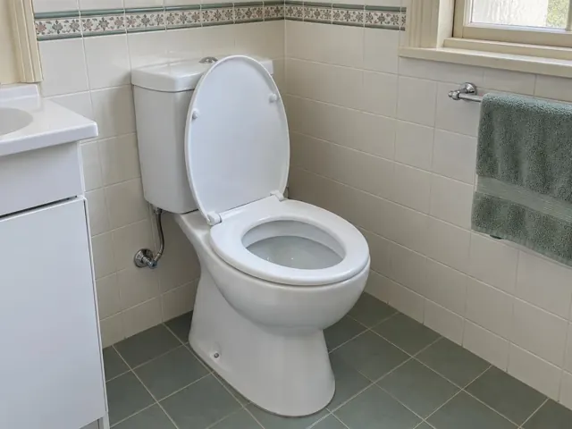 Clean white toilet in a tiled bathroom with vanity, towel rail and window in Kensington