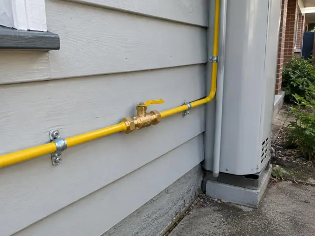 Yellow gas pipe with shutoff valve on a house exterior beside a gas unit in Randwick